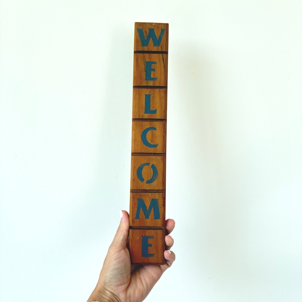 Vintage Vertical Wood Welcome Sign Blue Stenciled Rustic Farmhouse Wall Decor